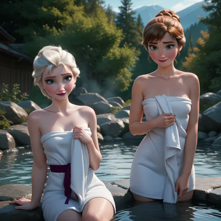 score_9, score_8_up, score_7_up, score_6_up, score_5_up, score_4_up, rating_questionable, 2girls, AnnaElsa, sisters, in a hot spring, exposed shoulders, freckles, wrapped in towels