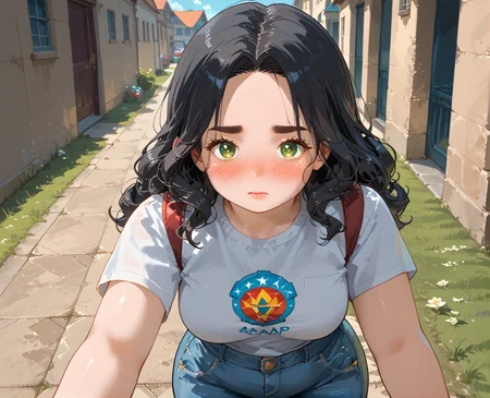 IllusP0s, PonyScores7, source_anime, ah1, IllustriousQual, interesting, exciting, spectacular, wonderful, <lora:natsumi_style:0.5>, <lora:by_usakun-pony:0.4>, by usakun, <lora:Akina_Bbw_Style_-_PonyXL:0.2>, AkinBw,
BREAK (rockabilly fashion style, influenced by 1950s rock and roll culture, features retro dresses, high-waisted jeans, and vintage hairstyles, conveying a fun and nostalgic aesthetic),
BREAK 1girl, mature female, (round face:1.2), (thick eyebrows:1.3), (curvy), round-chin, caucasian, (plump face), <lora:Round_face:0.2>, <lora:ETO_OC_Illustrius:0.5>, eto_oc, skindentation, (plump), thick thighs, wide hips, busty, voluptuous, lips, <lora:venus body PonyXL:0.3>, <lora:shinyskin2:0.2>, glistening skin,
BREAK (curly hair), long hair, (black hair:1.4), (parted hair:1.7), messy hair, kinky curls, <lora:hairdetailpxl:0.2>, hairdetailpxl,
BREAK (half green and brown eyes), (colorful eyes), (multicolored eyes), (downturned eyes:1.4), <lora:expressive eyes:0.2>, expressive eyes, <lora:eyedetailpxl:0.2>, eyedetailpxl, <lora:Eyes_High_Definition:0.2>, EyesHD,
BREAK ((full-face blush, shy, averting eyes, embarrassed, timid)), <lora:Expressive_H:0.2>, Expressiveh, <lora:Emotional_Anime_Expressions_PonyXL_Concept:0.2>, emotional, <lora:Best_Facial_Expression_LoRA_PONY:0.2>, looking at viewer, <lora:Detailed expressive EXEV style -XL Pony V1.0:0.2>, FaceDetail,
BREAK ((selfie,hyper realistic gopro action photo)),
BREAK (Blue and Gray bright red graphic tee with denim cut-offs and white sneakers),
BREAK (((bo-kaap, a vibrant neighborhood known for its colorful houses and rich cultural heritage))),
BREAK <lora:xl_more_art-full_v1:0.2>, <lora:aesthetic_anime_v1s:0.2>, <lora:EpicF4nta5yXL:0.2>, <lora:detailxl:0.2>, detailxl, <lora:Fant5yP0ny:0.2>, best quality, amazing quality, best aesthetic, absurdres, illustration, Volumetric_Lighting, ultra-detailed, very aesthetic, intricate details, 8k, masterpiece, best_quality
BREAK Stable_Yogis_PDXL_Positives, AS-Adult, <lora:Complicated fantasy portrait - XL Pony V2.0:0.2>, bad-hands-5, <lora:HDA_Detailer:0.3>, HDA_FatGirlXL,
