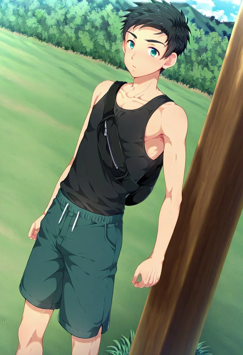 yuto_umemura, black hair, short hair, mint green eyes, 1boy, solo, male focus, black tank top, dark blue shorts, outdoor, he is wearing black chest bag, strong leg, standing, sunny day, at green field