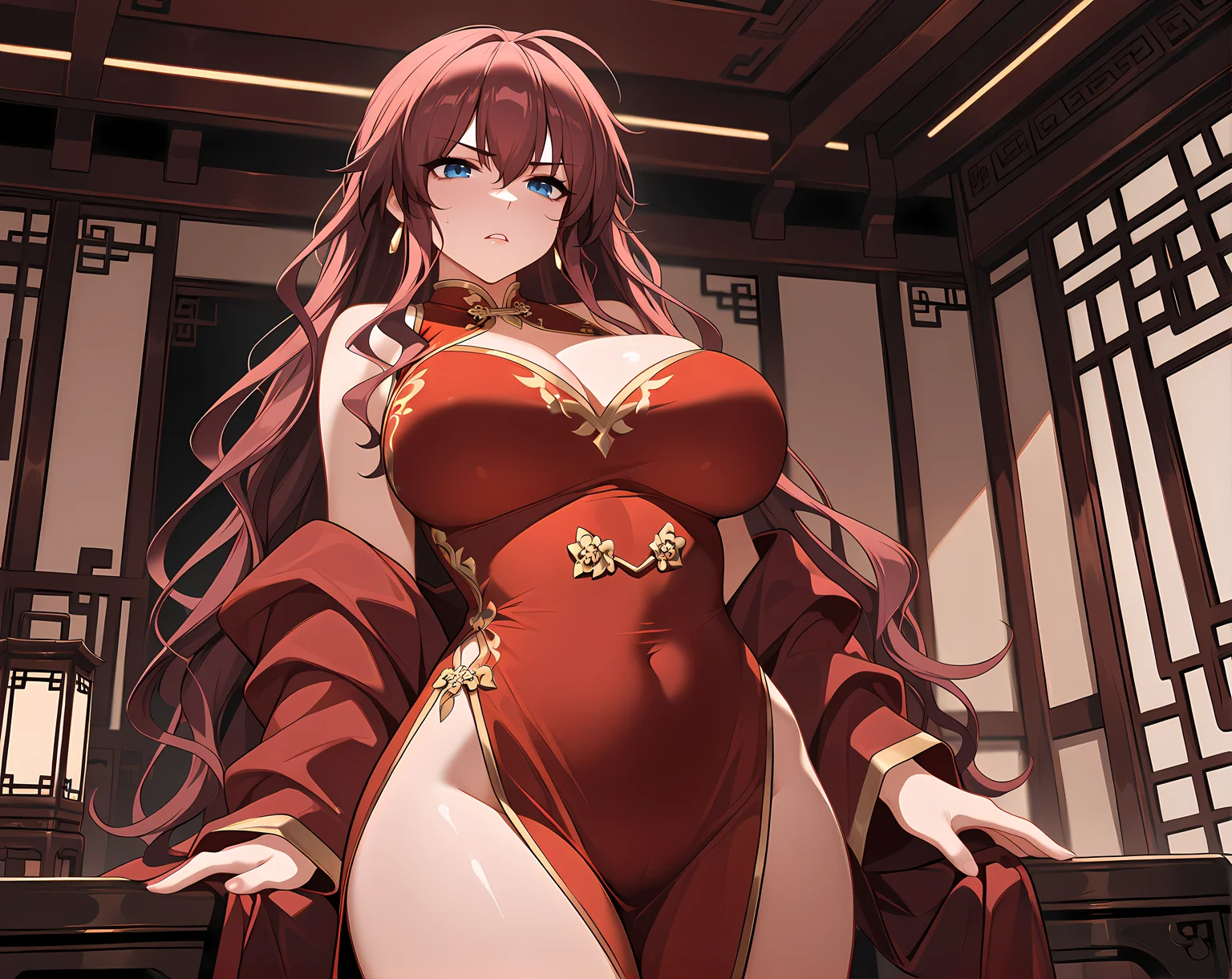 wendice,chinese clothes,side slit,large breasts,solo,parted lips,<lora:Tenbin_no_La_DEA_Character_Pack_1:0.8>,indoors,standing,frown,cowboy shot,, masterpiece,best quality,amazing quality, very aesthetic, absurdres,detailed eyes,ultra-detailed,