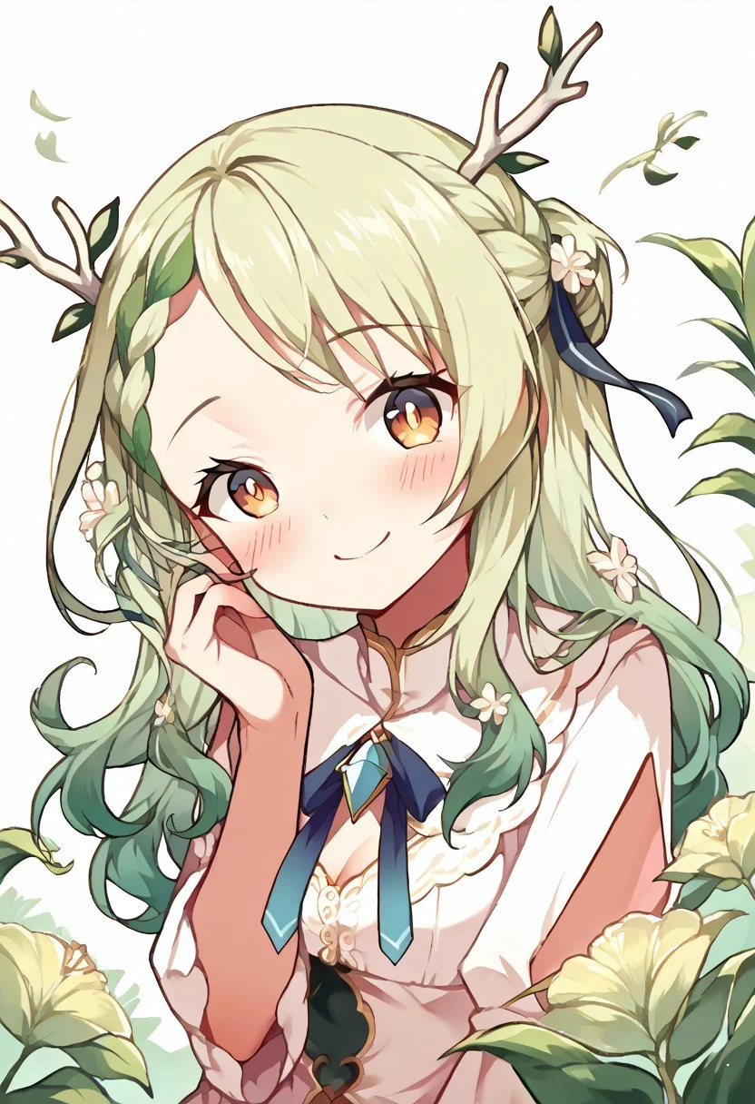score_9, score_7_up, source_anime, sadistic smile, blvefo, fauna, antlers, head tilt, blush, french braid, half updo, Hair ribbon,