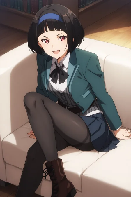 score_9, score_8_up, score_7_up, score_6_up, score_5_up, source_anime, rating_safe, medium breasts, indoors, library, 1girl, solo, looking at viewer, kazuki ferrari, short hair, black hair, bob cut, blue hairband, school uniform, green jacket, white shirt, bowtie, vest, belt, pleated skirt, pantyhose, boots, <lora:Kazuki_Ferrari:0.8>, smile, (smirk:1.2), open mouth, sitting on sofa, crossed legs, full body