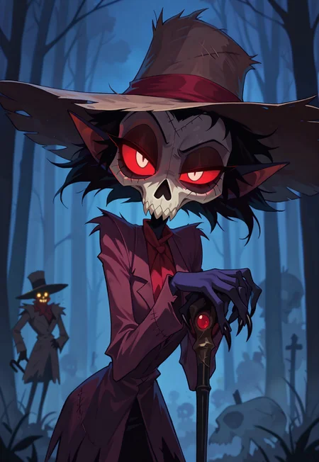 upper body, solo, scarecrow, pointy ears, skull mask, glowing eyes, messy hair, claws, wide-brim hat, disgusted, uneven eyes, leaning forward, head tilt, hands together, holding cane, outdoors, night, fog, cane, deformed, toon \(style\), masterpiece, best quality, amazing quality, 4K resolution, absurdres, ultra-detailed, sharp details, natural light, medium contrast, crisp edges, sharp focus, depth of field, HB-Illu