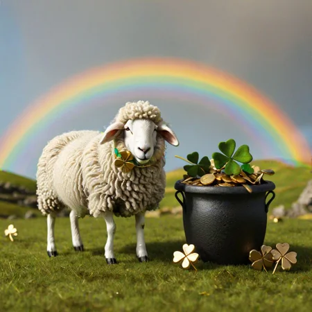 close-up of sheep grazing, detailed wool texture, four-leaf clover, pot of gold at the end of a rainbow, leprechaun hat, playful atmosphere, traditional Irish symbols, hyperrealistic, festive