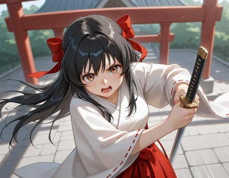 <lora:IL_Chitose_Sayoko:1>,1girl,solo,im_vv,Asuka Chitose/(alicesoft/),brown eyes,black hair,long hair,sidelocks,red hair ribbon,
miko,kosode,hakama skirt,shrine,torii,leaning forward,fighting stance,from above,upper body,(motion blur,motion lines:1.3),backlighting,wide-angle lens shot,light particles,magic effect,furrowed brow,serious,focused,shouting,foreshortening,depth of field,katana,extraction,, <lora:wai-A3-V140:1>,, masterpiece,best quality,amazing quality,very aesthetic,absurdres,