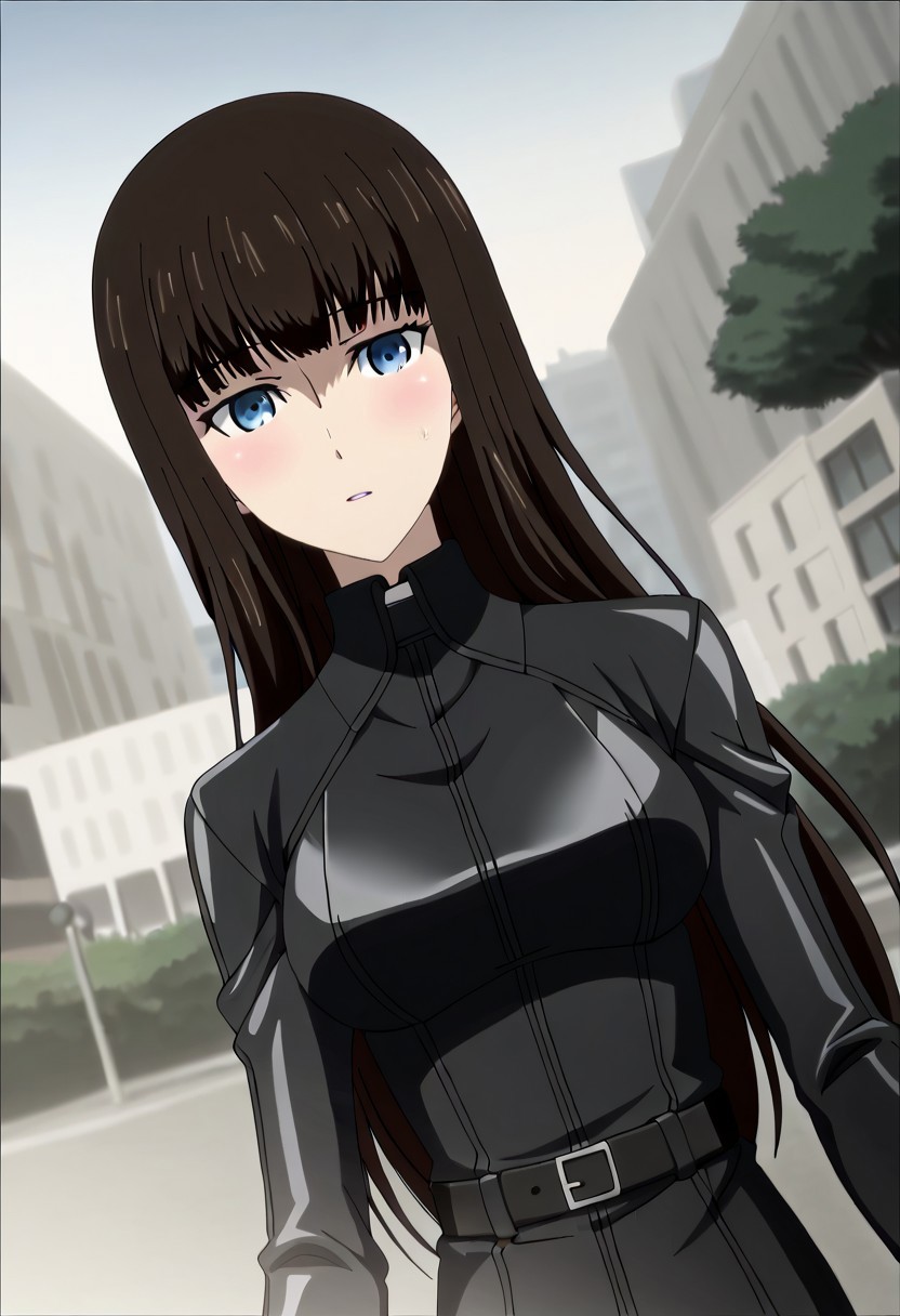 Ultra-high-detailed Anime illustration of Kagari Shiina. The artwork features Kagari in a solo, face focus, upper body, standing position with a outdoors, street background. She is depicted with intricate details showcasing her big_breasts, natural_breasts. She is a white skinned, 22 years old woman. Kagari is looking_at_viewer with perfect_eyes, Her pupils are highly detailed. The eyes are open. blue eyes. Kagari's eyes are highlighted. Highlighted eyevrows. She has long_hair, red_hair styled in floating_hair, shiny_hair and bangs. She is wearing a  motorcycle suit, black_motorcycle suit, full body motorcycle suit with black gloves, black belt and black shoes. The artistic style is intricate_details_xl with a focus on Anime art. The color palette emphasizes red and black with detailed strokes to bring out the character's features. The lighting creates dramatic shadows and highlights, adding depth to the artwork. The perspective is from a face focus, dutch angle to enhance the impact of the character's expression. This masterpiece is a true portrayal of Kagari's complex personality and will captivate any fan of Kagari.