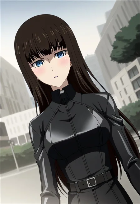 Ultra-high-detailed Anime illustration of Kagari Shiina. The artwork features Kagari in a solo, face focus, upper body, standing position with a outdoors, street background. She is depicted with intricate details showcasing her big_breasts, natural_breasts. She is a white skinned, 22 years old woman. Kagari is looking_at_viewer with perfect_eyes, Her pupils are highly detailed. The eyes are open. blue eyes. Kagari's eyes are highlighted. Highlighted eyevrows. She has long_hair, red_hair styled in floating_hair, shiny_hair and bangs. She is wearing a  motorcycle suit, black_motorcycle suit, full body motorcycle suit with black gloves, black belt and black shoes. The artistic style is intricate_details_xl with a focus on Anime art. The color palette emphasizes red and black with detailed strokes to bring out the character's features. The lighting creates dramatic shadows and highlights, adding depth to the artwork. The perspective is from a face focus, dutch angle to enhance the impact of the character's expression. This masterpiece is a true portrayal of Kagari's complex personality and will captivate any fan of Kagari.
