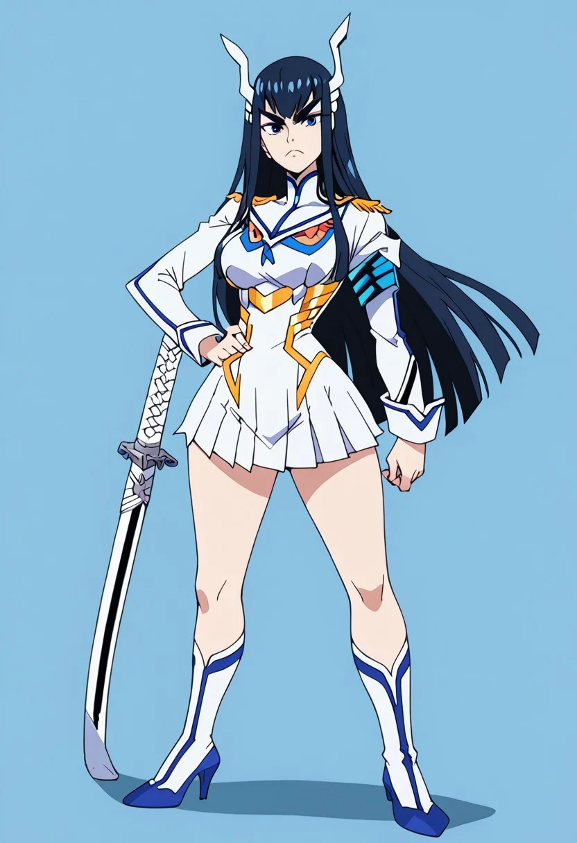 score_9, score_8_up, score_7_up, score_6_up, simple background, character sheet, looking at viewer, full body, 1girl, solo, character sheet, reference sheet, screencap ,MirandaPXL,1girl, solo, Kiryuuin Satsuki, long hair, blue eyes, white uniform, kuudere, cute, indoors, big breasts, seductive, thighs, legs, wide hips, one hand in hip, one hand with a katana