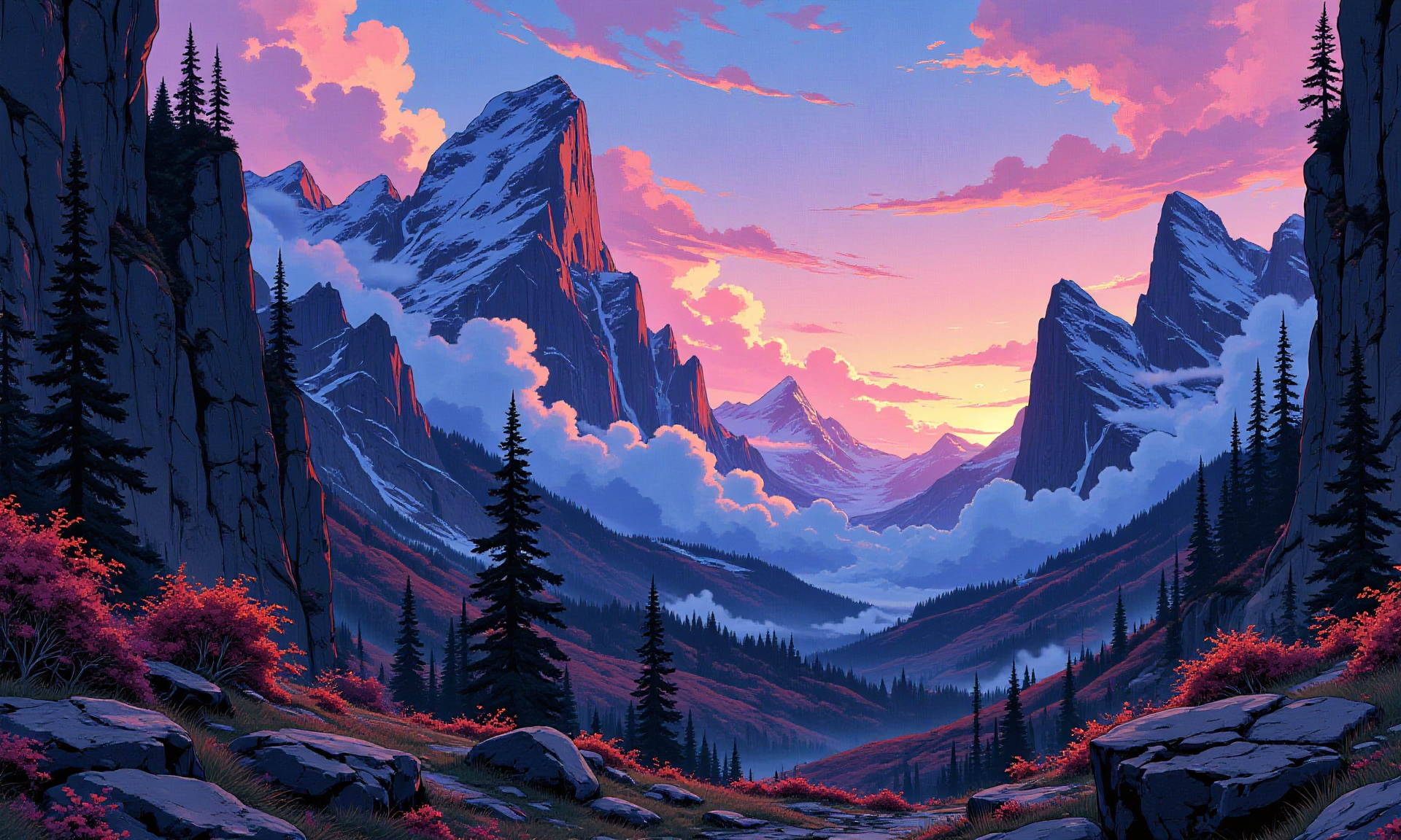Mountainous hidden valley with dramatic dark lighting, geometric rock formations, and multi-colored skies.
BREAK anime, bboil artist style
