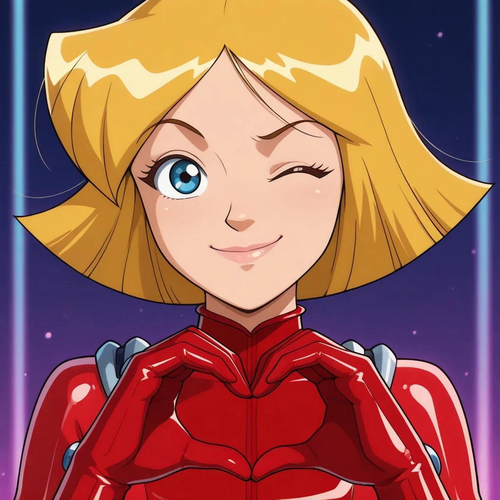 masterpiece, best quality, amazing quality, parody, official style, 1girl solo, cl0ver_totally_spies, short hair, blonde hair, blue eyes, red bodysuit, sexy, beautiful, detailed, high detailed, very beautiful, detailed face, detailed eyes, detailed hand, abstract background, neon, smile, one eye closed, heart hands, looking at viewer, volumetric lighting, face focus, upper view, close-up
