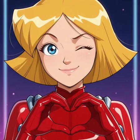 masterpiece, best quality, amazing quality, parody, official style, 1girl solo, cl0ver_totally_spies, short hair, blonde hair, blue eyes, red bodysuit, sexy, beautiful, detailed, high detailed, very beautiful, detailed face, detailed eyes, detailed hand, abstract background, neon, smile, one eye closed, heart hands, looking at viewer, volumetric lighting, face focus, upper view, close-up