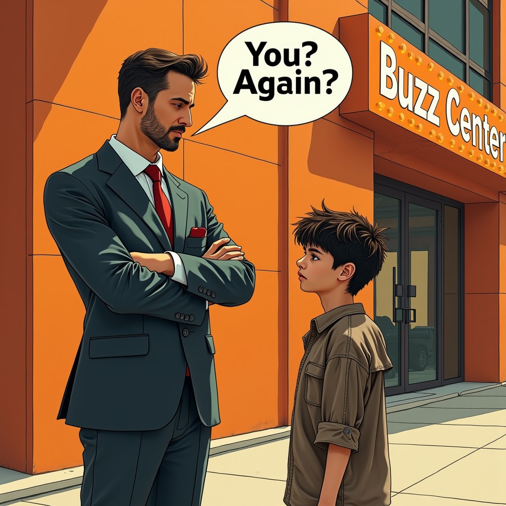 picture of a man standing in a louis vuitton suit with crossed arm in front of a luxury orange building, building with ad illuminated sign saying "Buzz Center", the man is saying " You? Again??" in a white comic bubble,the man is looking down to a homeless child. the child has messy hair with old and dirty clothes,