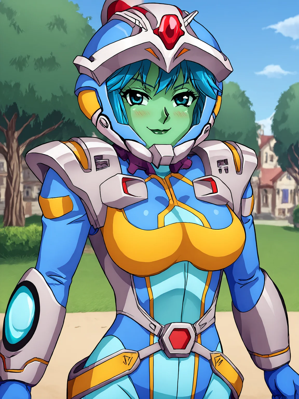 score_9, score_8_up, score_7_up, <lora:offset_0.2:0.1>, <lora:spo_sdxl_10ep_4k-data_lora_webui:1>, BREAK,
1girl, solo, BREAK,
srwbluepilotsuit, blue bodysuit, pauldrons, wrist guards, metal belt, grey armor, (helmet, assault visor, green-tinted eyewear, wearing helmet:1.5), <lora:Pilot_suit__Super_Robot_Wars:1.0>, BREAK,
aqua, blue eyes, blue hair, <lora:konosuba-aqua-ponyxl-lora-nochekaiser:1>, BREAK,
smug, smile, blush, looking at viewer, BREAK,
outdoors, town, fountain
