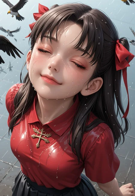 Masterpiece,best quality,highresolution,very aesthetic,((anime style)),detailed eyes,

1 female,Jedrnto, brown hair,black hair ribbons, red shirt, black skirt, black stockings,
bird's eye view,focus face,((head back)),looking upwards at the sky,
standing,(((eyes closed))),wet face,wet clothes,heavy rain,smile,closed mouth,at peace,((arms at sides)),