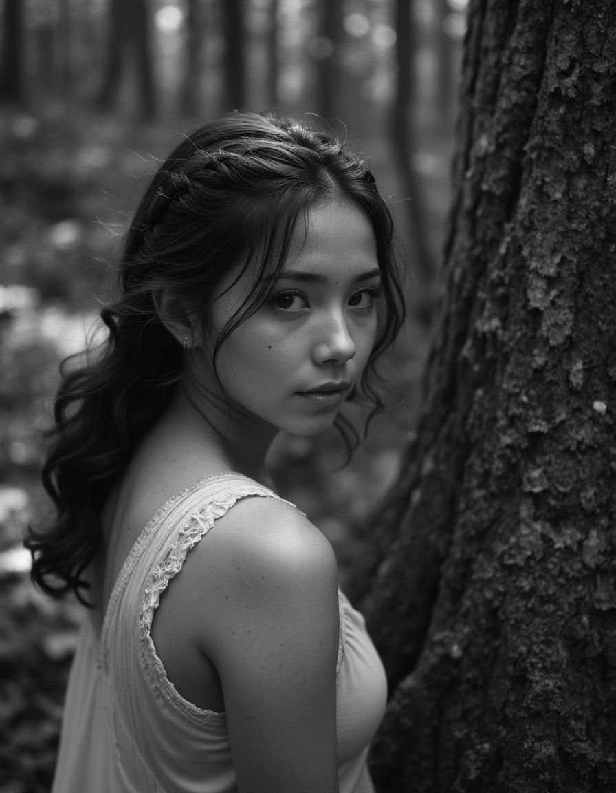a girl with sexy pose,Crimped hair,Gray,angle from above,Aokigahara Forest Japan,detailed masterpiece most beautiful artwork in the world Ultrarealistic,Ilford HP5+ 400,Lens Flare,<lora:real-lora:1>