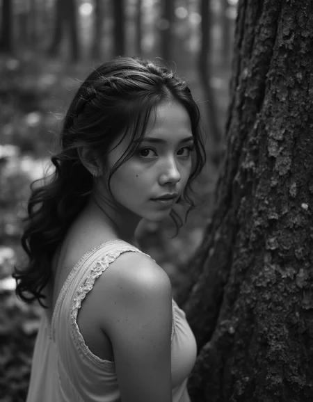 a girl with sexy pose,Crimped hair,Gray,angle from above,Aokigahara Forest Japan,detailed masterpiece most beautiful artwork in the world Ultrarealistic,Ilford HP5+ 400,Lens Flare,<lora:real-lora:1>