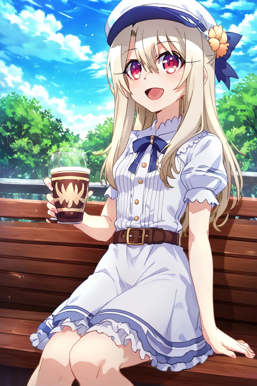 score_9, score_8_up, score_8, medium breasts, (curvy), cute, eyelashes, rating safe, BREAK, 1girl, belt, blonde hair, blue sky, cloud, cloudy sky, cup, day, dress, hair between eyes, hat, headwear request, holding, holding cup, illyasviel von einzbern, long hair, open mouth, outdoors, red eyes, short sleeves, sidelocks, sitting, sky, solo, tree ,,, smile, looking at viewer, ,,, embedding:zPDXL, Expressiveh, <lora:PrismaIllya_PDXL_v3:1.0> <lora:SDXLFaeTastic2400:0.5>, <lora:Expressive_H-000001:0.4>,