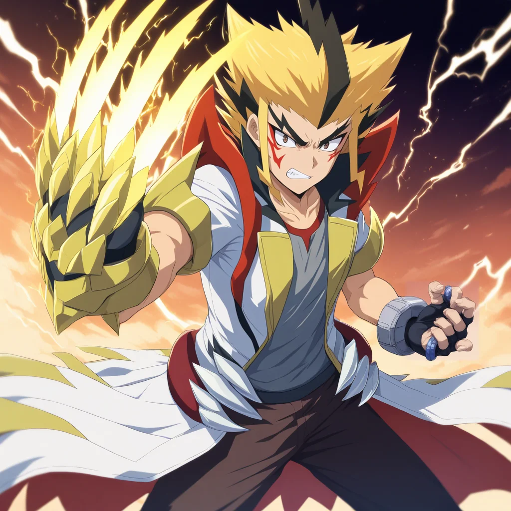 <lora:Bolt_Fuchigami:1>,bolt fuchigami,1boy,male focus,solo,gloves,electricity,fingerless gloves,clenched teeth,teeth,fingernails,looking at viewer,claw \(weapon\),fang,white-yellow-red long coat,Thunder claw Narukami,grey shirt,single bracelet,open coat,cowboy shot,masterpiece,high score,great score,absurdres,