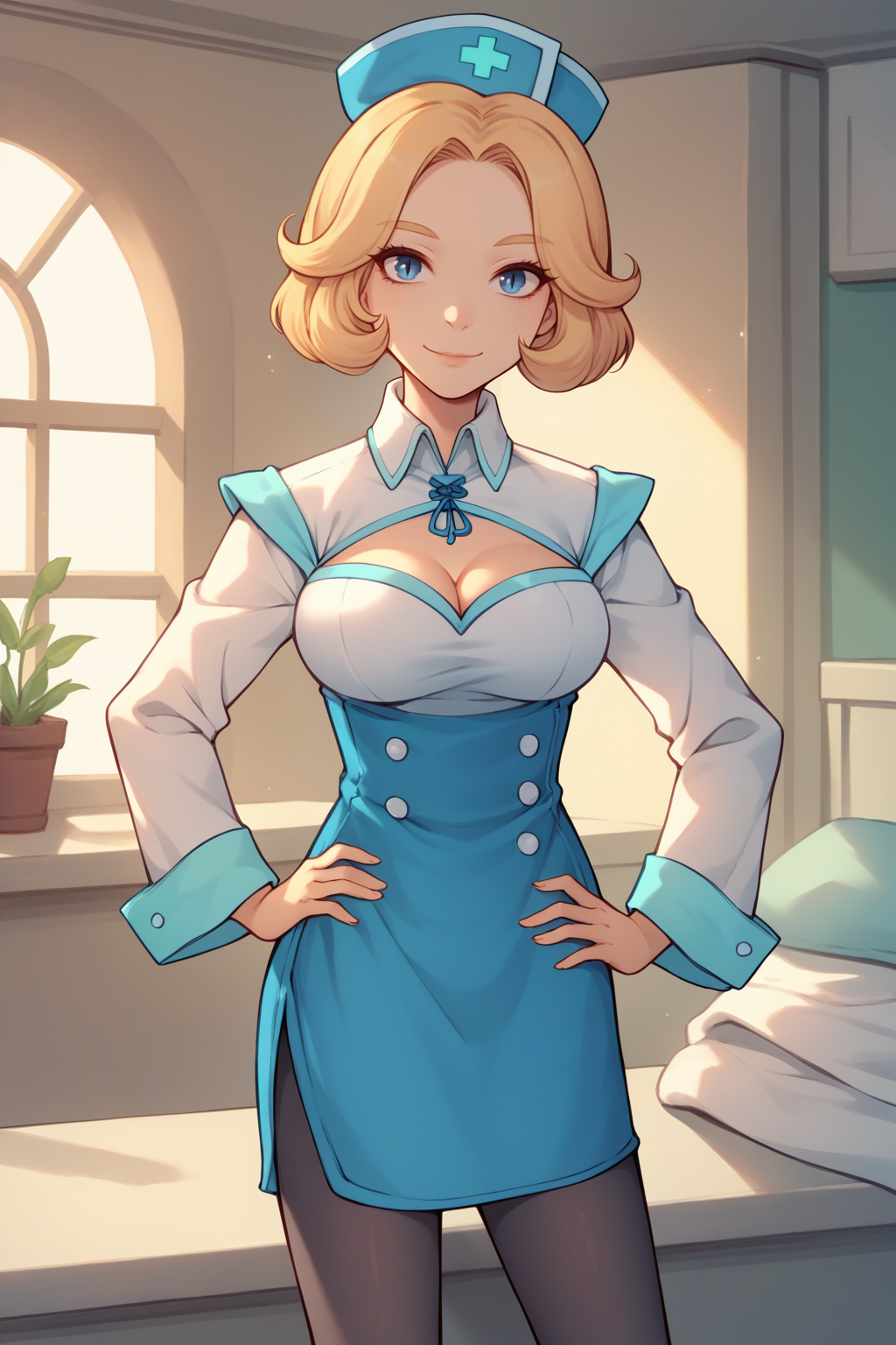 score_9, score_8_up, <lora:NSPhyllisPortia:1> NSPhyllisPortia, 1girl, solo, blonde hair, medium hair, blue eyes, cleavage cutout, black pantyhose, nurse cap, necktie, collared shirt, long sleeves, blue skirt, side-slit, high-waist skirt, cowboy shot, slight smile, hands on hips