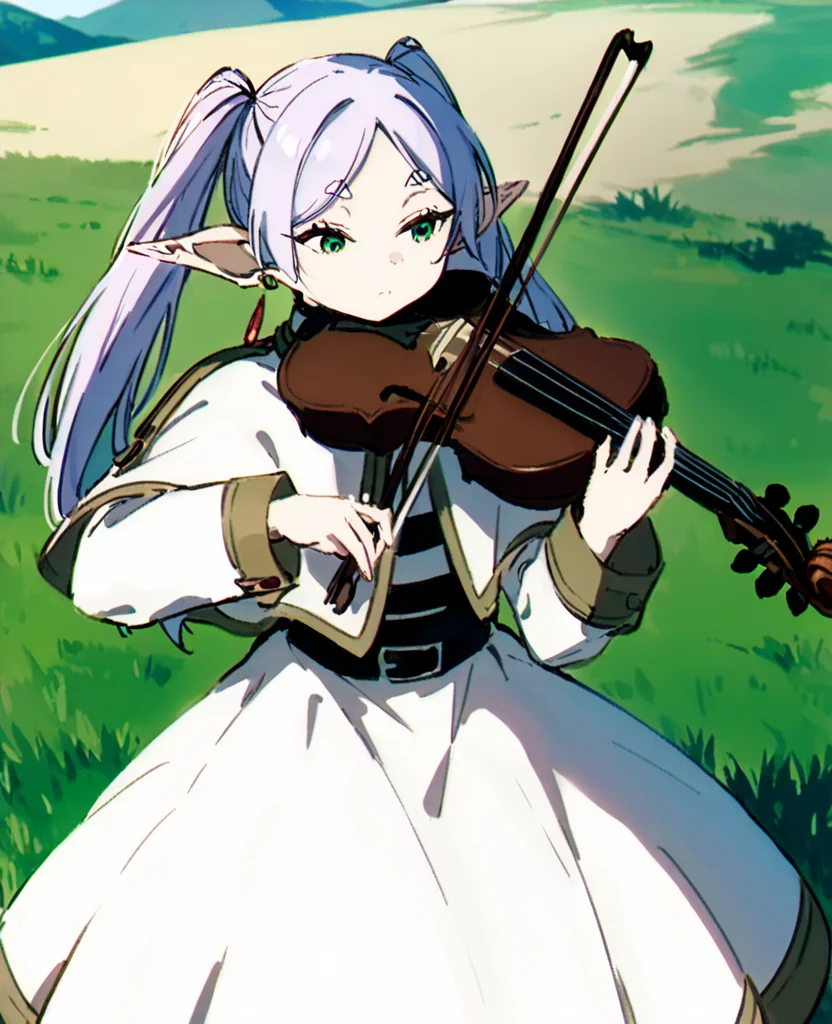 <lora:xtq:0.7>,violin,instrument,playing instrument,holding,bow \(music\),holding instrument,<lora:Vincent_Sketch_Manga:1>,daiton,<lora:fulilian:1>,fll,elf,twintails,long hair,pointy_ears,earrings,belt,dress,long sleeves,capelet,white dress,green eyes,wilderness,outdoors,grassland,, masterpiece,best quality,very aesthetic,absurdres,8k,<lora:ä¿®æsl:1>,