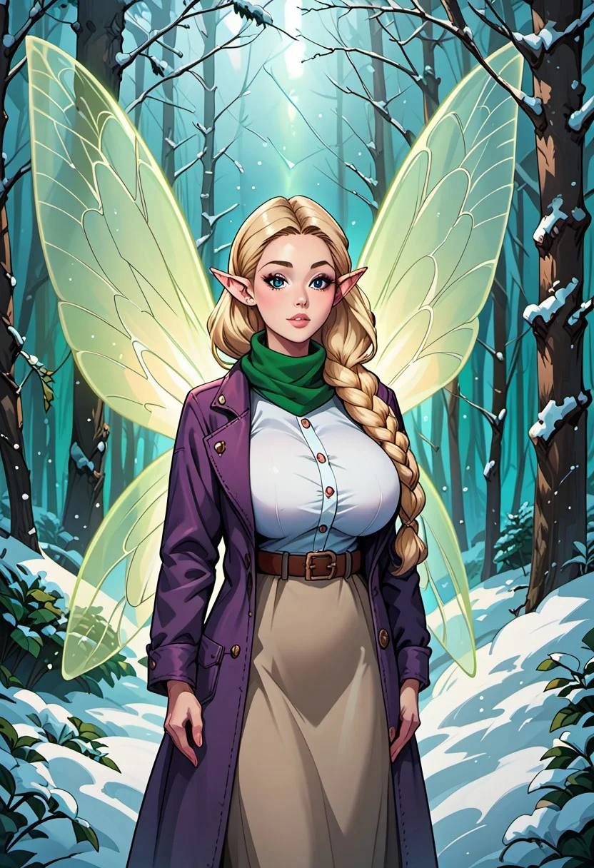 score_9, score_8_up, score_7_up, score_6_up, score_5_up, score_4_up, beautiful fairy woman, mature, long blonde braided hair, reij-hrstyl01 hairstyle, elf ears, detailed blue eyes, bright blue eyes, soft round jaw, magical aura, (delicate glowing wings with green patterns:1.4), (fairy wings:1.3), huge breasts, white buttoned dress, brown leather belt, purple jacket, green scarf, snowy forest, sunlight through trees, golden light on snow, winter setting