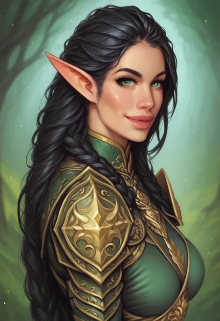 1girl, (((side view))), from front, 1girl, illustration, comic style, highly detailed, skinny, model body, looking at viewer, 1girl, masterpiece, best quality, naestra, solo, pointy ears, black hair, long hair, elf, 1girl, green eyes, half face mask, <lora:Naestra:1.3>, (((dynamic pose)))
BREAK
(((Warhammer Fantasy Battle style)))
((Elven gold Lamellar armor)), green clothes, ((((elven sword in hand)))), dynamic pose, ready to fight
BREAK
slight smile, looking at viewer
long hair, black hair, big hair, green eyes
best quality, depth of field, bokeh, (((full clothed))), dynamic pose
BREAK
(wild forest:1.2) score_9, score_8_up, score_7_up, score_6_up, source_cartoon, rating_explicit, Expressiveh, ((((upper body))))), dynamic pose, dynamic pose