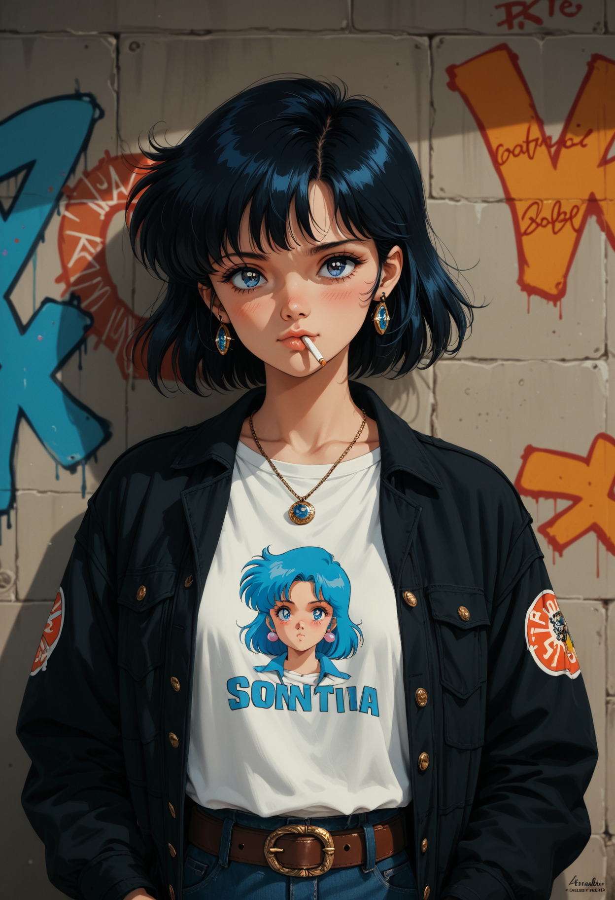 score_9, score_8_up, score_7_up, score_6_up, score_5_up, modernretroanime, 1girl, solo, jewelry, earrings, shirt, blue eyes, blush, print shirt, hands in pockets, short hair, necklace, blue hair, looking at viewer, upper body, jacket, multicolored hair, black hair, belt, long sleeves, bangs, retro logo, Graffiti wall, cigarette in mouth, cool