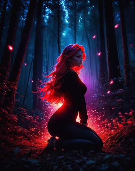 <lora:Dark_Aura_XL_-_Filled_with_miasma:1> dark aura, dynamic angle, 8K, red, HD, light particles floating, kneeling in the forest watching spirits, eerie aura, chromatic aberration, colorful forest lights during night time, oily skin,dynamic angle, colorful glowing flowers, night,hair ornament, intrincate clothing, sexy