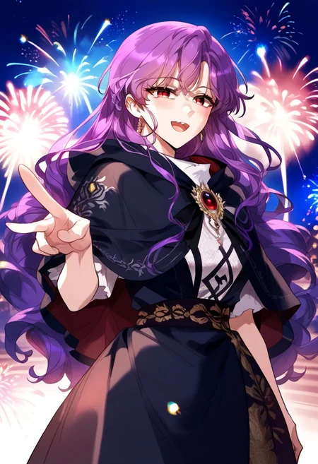 zPDXL3, score_9_up, score_8_up, score_7_up, (Anime_source), 1girl, DeborahSeymour, red eyes, purple hair, long hair, cloak, looking back, looking at viewer, smile, open mouth, blush, half closed eyes, standing, night, fireworks, particles, cowboy shot