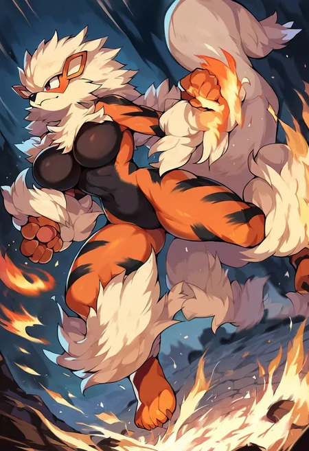 score_9, score_8_up, score_7_up, score_6_up, source_furry, dof, full-length portrait, solo, blurred background, <lora:POKEMON_ARCANINE:1> 1girl, large breasts, no nipples, no privates, arcanine, pokemon (creature), cinematic, action, motion blur, dynamic angle, fire