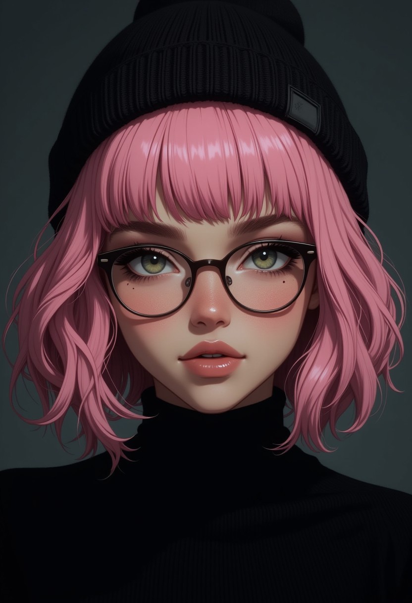 a cute woman, pink hair bob, wearing skin tight black turtle neck and a beanie, thin-rimmed round glasses, front view, (hi-top fade), (dark theme:0.9), soothing tones, muted colors, high contrast, (natural skin texture, hyperrealism, soft light, sharp), close up