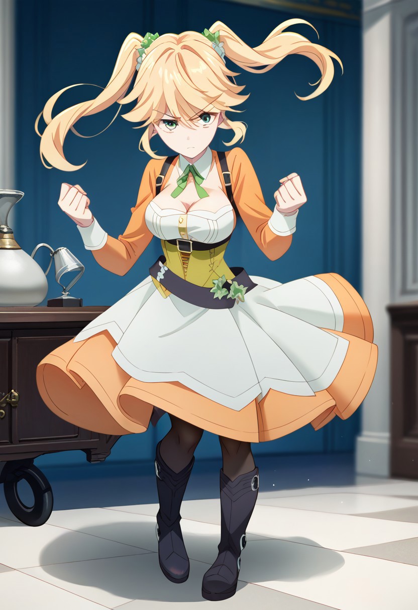 score_9, score_8_up, score_7_up, source_anime, TARTE (THE WORLD'S FINEST ASSASSIN), TARTE REGULAR WEAR, 1girl, blonde hair, dress, twintails, pantyhose, boots, kick man