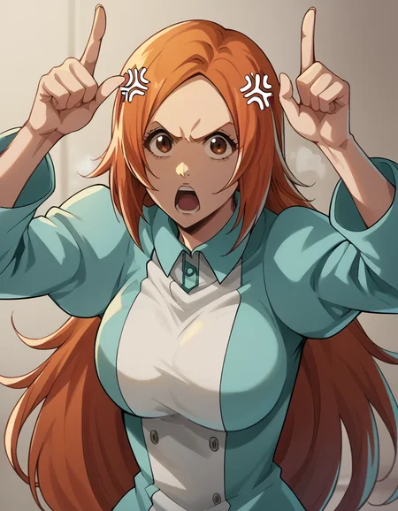 score_9, score_8_up, score_7_up, source_anime, inoueorihime, <lora:inoue-orihime-tybw-ponyxl-lora-nochekaiser:1>, inoue orihime, long hair, orange hair, brown eyes,, <lora:horns-pose-ponyxl-lora-nochekaiser:1>, horns pose, index fingers raised, angry, steam, open mouth, shouting, anger vein,, indoors,, cowboy shot, dutch angle, looking at viewer,