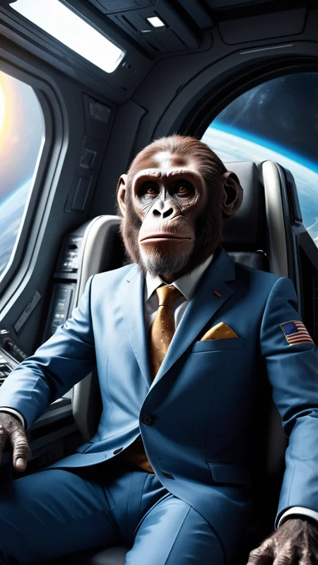 Create an ultra-high-definition HDR 32K POV selfie, capturing an Australopithecus politician dressed in a suit, aboard a spaceship. This unique composition combines prehistoric and futuristic elements, showcasing the Australopithecus in a sophisticated suit, symbolizing a blend of the ancient and the modern. This photograph is really vivid and realistic.
The setting inside the spaceship should be meticulously detailed, reflecting advanced technology and sleek design, typical of a futuristic spacecraft. The background through the window should be a breathtaking view of the sun and Earth, rendered in stunning clarity and beauty. The sunlight should bathe the interior in a warm, natural glow, highlighting the contrasts and textures of the Australopithecus' suit and the spaceship's interior.
The angle of the selfie should be dynamic, giving a sense of immediacy and presence, as if the viewer is in the moment with this unusual politician. The reflection of the sun and Earth in the Australopithecus' eyes, along with the detailed expression, adds depth and character to the image.
This illustration should not only capture an imaginative scene but also tell a story that juxtaposes the primitive past with a technologically advanced future, all captured in a single, powerful image.