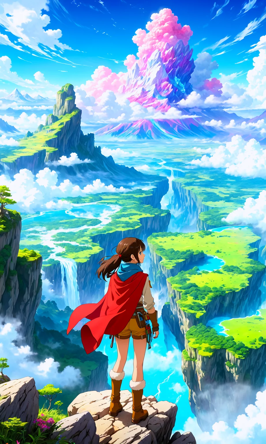 2D anime style, anime screencap, an explorer at the edge of a rocky precipice, taking in the stunning vista of a vibrant, expansive world below. The sky is a masterpiece of colorful, fluffy clouds and shimmering light. The landscape is dotted with rivers, forests, and distant peaks, creating a sense of endless adventure. The explorer's scarf flutters in the breeze, adding to the scene's dynamic feel. High detail and complexity, bright colors, dynamic lighting, extremely exaggerated and fantastical background, epic and uplifting atmosphere