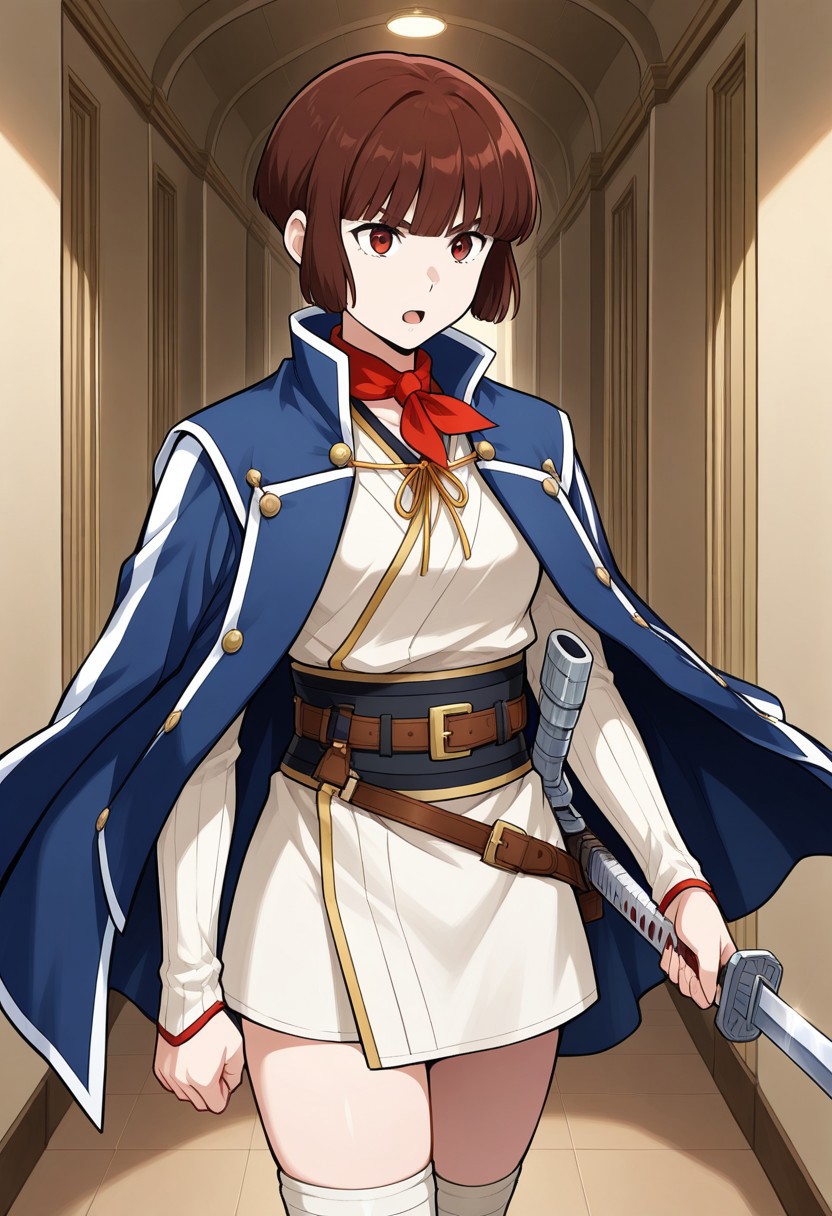 1girl, solo, isabeausmtiv, brown hair, short hair, blunt bangs, neckerchief, cape, dress, thigh boots, holding katana, indoors, corridor, serious, open mouth, standing, cowboy shot,