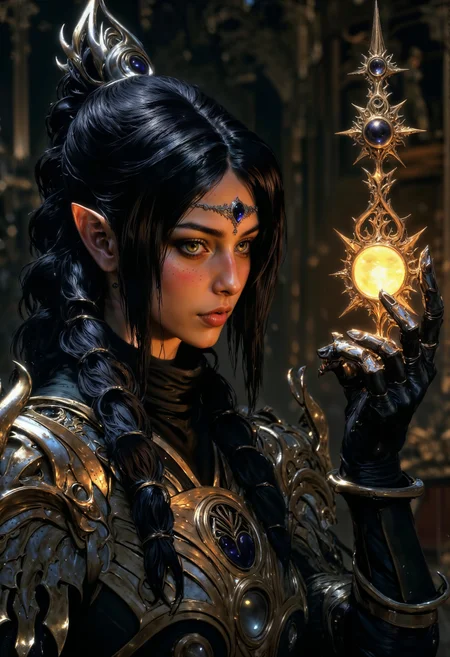ShadowDJ, Fantasy digital artwork depicting a female elf with long, braided black hair and pointed ears. Her skin is pale, and she has striking facial features with high cheekbones and sharp eyes. She wears ornate, golden armor with intricate designs, featuring dark gemstones embedded in the chest and shoulders. In her gloved hand, she holds a mystical, glowing orb encased in a spiked, metallic scepter. The background is dimly lit, enhancing the ethereal and magical atmosphere. The overall color palette includes gold, black, and deep purple, contributing to the mystical and regal theme of the image.
<lora:FluxShadowDJV1:0.9> <lora:FLUX-daubrez-DB4RZ-v2:0.5> <lora:FluxMythP0rtr4itStyle:0.7> <lora:Elden_Ring_-_Yoshitaka_Amano:0.7> <lora:flux.1_lora_flyway_Epic-detail_v2:0.65> <lora:DarkCore:0.7>
