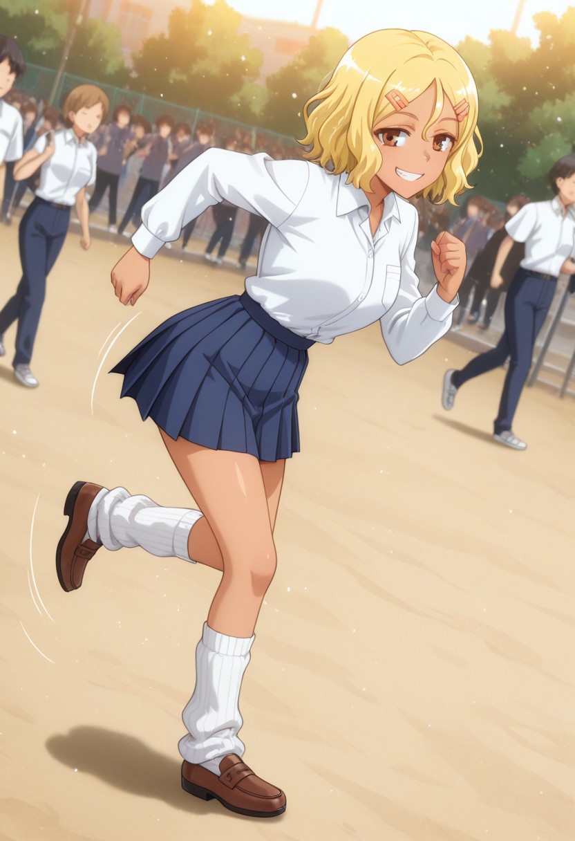 1girl, solo, masterpiece, best quality, newest, absurdres, CG, anime, source anime, illustration, very aesthetic, high resolution, ultra-detailed, newest, scenery, medium depth of field, rule of thirds, masterpiece-level, clean lines, sharp, focused subject, 
BREAK 1girl, ((solo)), Sakura_LW, anime screenshot, blonde hair, short hair, hair ornament, hairclip, dark skin, dark-skinned female, brown eyes, gyaru
skirt, school uniform, shirt, long sleeves, pleated skirt, white shirt, blue skirt, shirt_partially_tucked_in, white socks, loose socks, brown footwear
dynamic pose, running, winning pose, smiling, grin, teasing, full body
outdoors, school yard, day, sunny, busy, crowd
motion lines, from both sides, cinematic angle, various angles, detailed background, beautiful background, (rays light:1.0),(grow:1.0), light particles