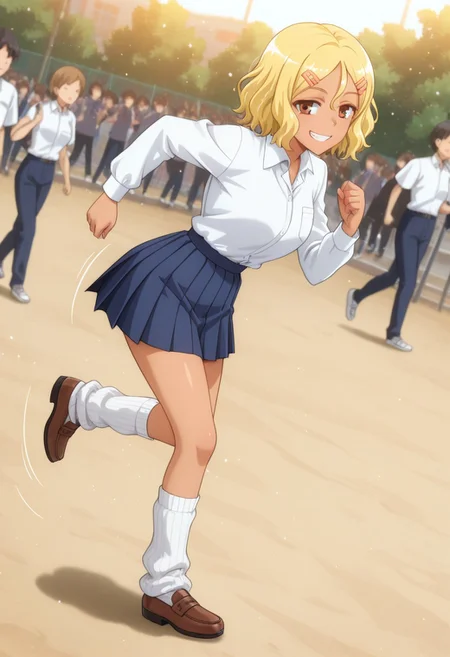 1girl, solo, masterpiece, best quality, newest, absurdres, CG, anime, source anime, illustration, very aesthetic, high resolution, ultra-detailed, newest, scenery, medium depth of field, rule of thirds, masterpiece-level, clean lines, sharp, focused subject,
BREAK 1girl, ((solo)), Sakura_LW, anime screenshot, blonde hair, short hair, hair ornament, hairclip, dark skin, dark-skinned female, brown eyes, gyaru
skirt, school uniform, shirt, long sleeves, pleated skirt, white shirt, blue skirt, shirt_partially_tucked_in, white socks, loose socks, brown footwear
dynamic pose, running, winning pose, smiling, grin, teasing, full body
outdoors, school yard, day, sunny, busy, crowd
motion lines, from both sides, cinematic angle, various angles, detailed background, beautiful background, (rays light:1.0),(grow:1.0), light particles