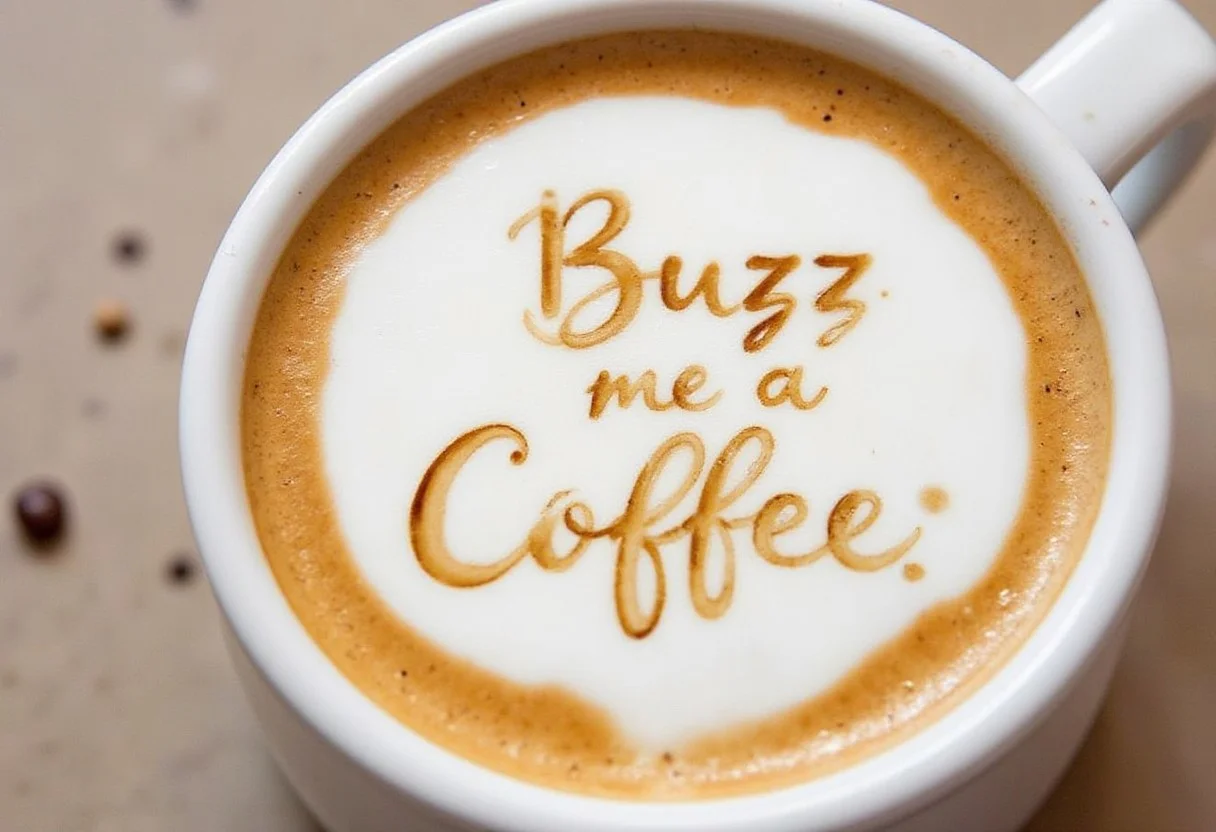 a cappuccino coffee cup, aidmatextimprover, _spill_art_, spill coffee with a quote spell text "Buzz me a coffee"