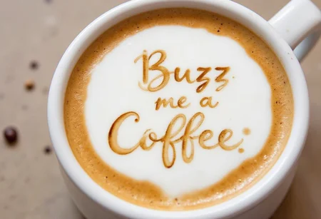 a cappuccino coffee cup, aidmatextimprover, _spill_art_, spill coffee with a quote spell text "Buzz me a coffee"