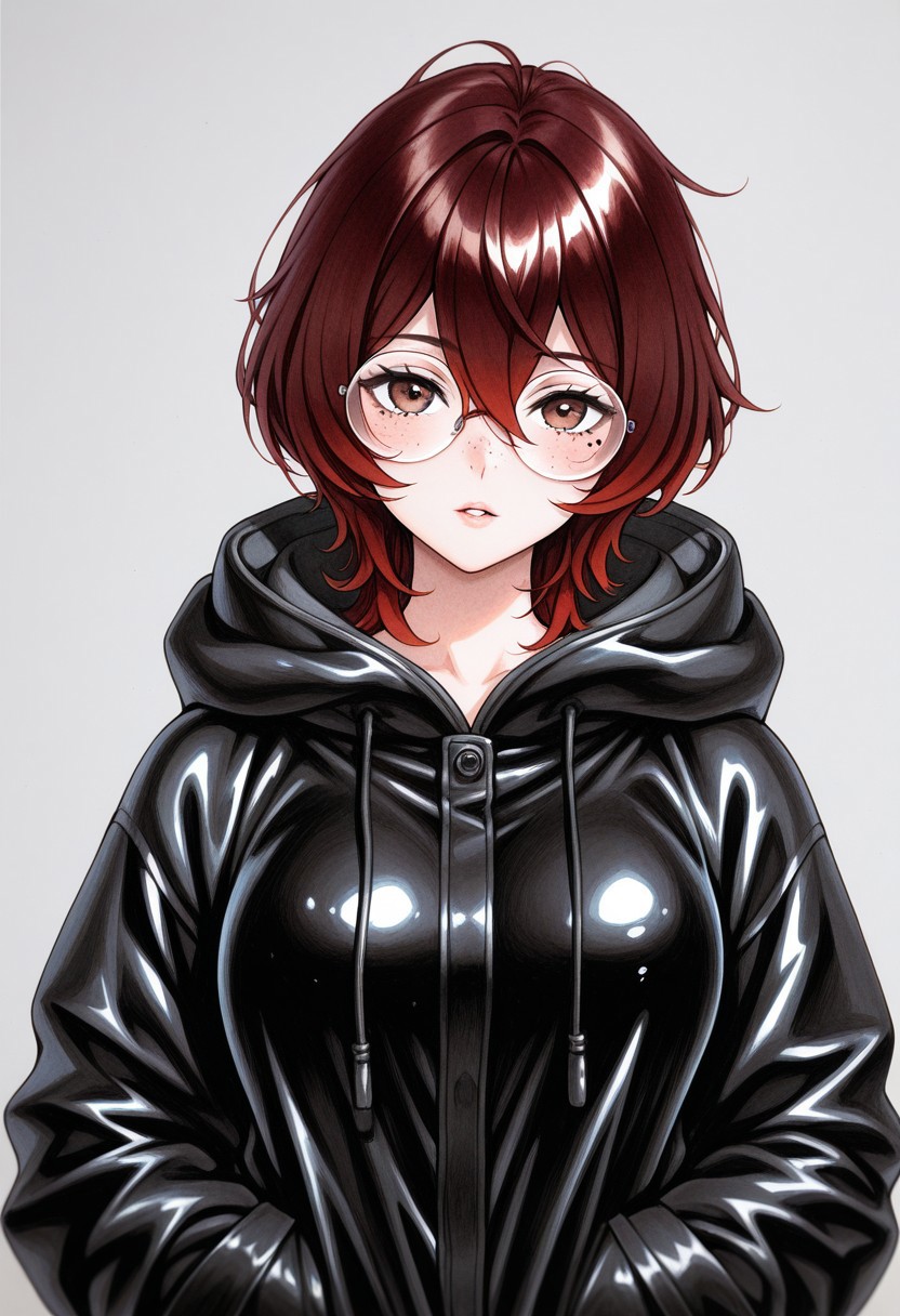 glasses-girl, traditional media, highres, official_art, parted lips, looking at viewer, round eyewear, detailed face, freckles, red hair, brown hair, hair between eyes, mole under eye, oversized jacket, shiny clothes