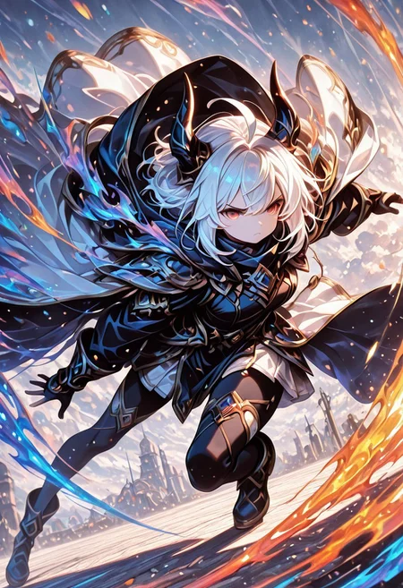 masterpiece, best quality, ultra-detailed, 64K, high resolution, official art, fantasy illustration, very aesthetic, highly detailed, beyond intricately detailed, stylized, stunning, smooth quality, colorful, digital artwork, HDR, raytracing, sidelighting, volumetric lighting, high contrast, dramatic shadows, depth of field, vanishing point, sharp focus, (full body:1.2), FACV2, highly detailed face, character-focused scene, action shot,
(1girl,
long sleeves, ahoge, angry eyes, Set023, multicolored hair, white hair, Set028, arms at sides, cloak, alternate costume, fake horns,
action-combat stance, dynamic pose)