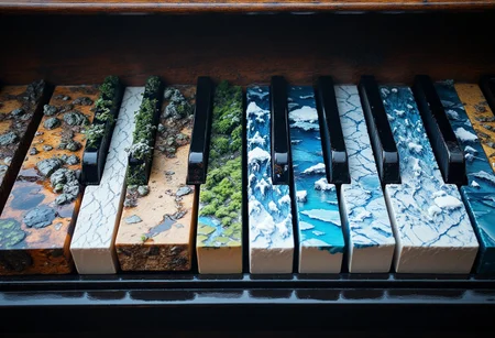 A hyper-realistic digital artwork depicting a close up of piano keys,dreamy ,fantasy ,viewed from top, each piano key is made of different landscape, desert piano key, snowy ice piano key, water piano key and forest piano key ,beautiful details, waves on water, snow in ice and many other cuh