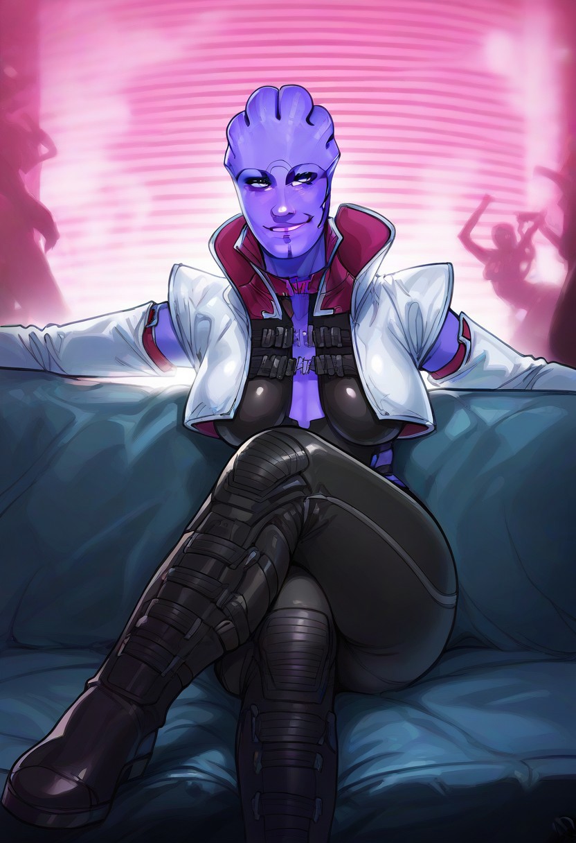 score_9, score_8_up, score_7_up, 1girl,solo, relaxed, asari,ariatloak, milf asari,facial tattoo,purple skin,((arms resting on couch back)), blue eyes, sitting, sitting on couch, ((smug)), white jacket,high pink collar, ((black pants)),fingerless gloves,armor,matriarch,white arm sleeves,((overlooking club)), black boots, expansive nightclub with pulsating lights, futuristic architecture, vibrant dance floor, holographic performers, neon colors, diverse crowd, immersive soundscapes, sleek bar, high-tech decor, by ralph mcquarrie, dynamic lighting, no hair,no ears, energetic atmosphere, cyberpunk vibe, ganassa,no hair,no ears,