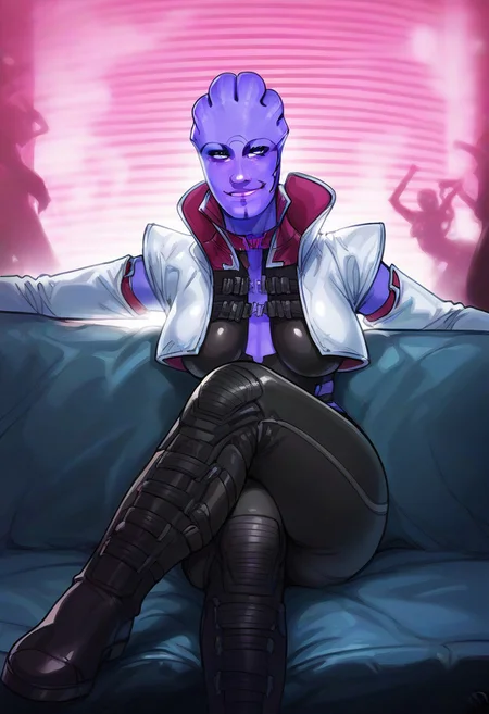 score_9, score_8_up, score_7_up, 1girl,solo, relaxed, asari,ariatloak, milf asari,facial tattoo,purple skin,((arms resting on couch back)), blue eyes, sitting, sitting on couch, ((smug)), white jacket,high pink collar, ((black pants)),fingerless gloves,armor,matriarch,white arm sleeves,((overlooking club)), black boots, expansive nightclub with pulsating lights, futuristic architecture, vibrant dance floor, holographic performers, neon colors, diverse crowd, immersive soundscapes, sleek bar, high-tech decor, by ralph mcquarrie, dynamic lighting, no hair,no ears, energetic atmosphere, cyberpunk vibe, ganassa,no hair,no ears,