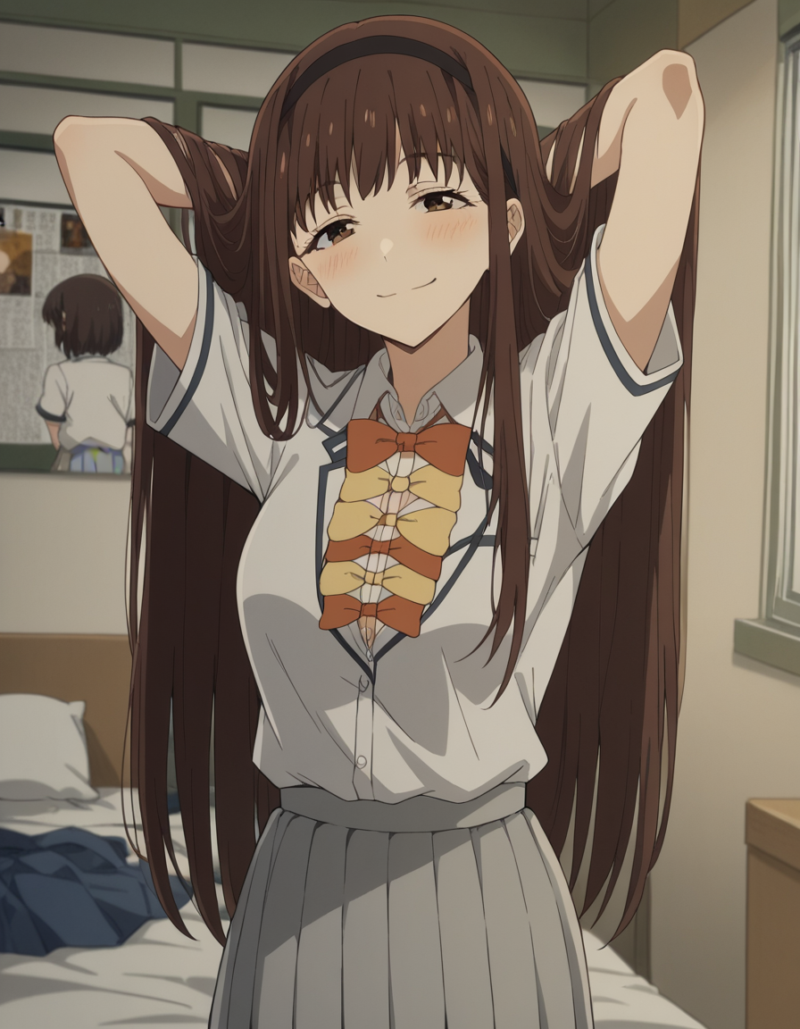 score_9, score_8_up, score_7_up, source_anime, <lora:hibari-houkobaru-s1-ponyxl-lora-nochekaiser:1>, hibari houkobaru, long hair, bangs, brown hair, brown eyes, hairband, black hairband, medium breasts,, shirt, bow, cleavage, school uniform, white shirt, short sleeves, collared shirt, skirt, pleated skirt, grey skirt, bowtie, yellow bowtie, orange bowtie, indoors, bed, bed room, on side, blush, drunk,, smile, looking at viewer, hands behind head,, solo,, cowboy shot, dutch angle