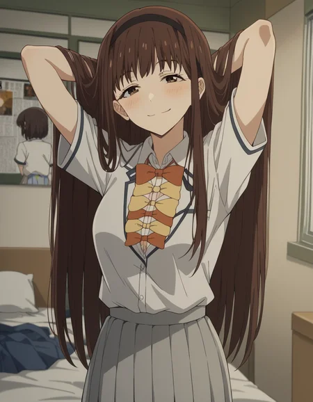 score_9, score_8_up, score_7_up, source_anime, <lora:hibari-houkobaru-s1-ponyxl-lora-nochekaiser:1>, hibari houkobaru, long hair, bangs, brown hair, brown eyes, hairband, black hairband, medium breasts,, shirt, bow, cleavage, school uniform, white shirt, short sleeves, collared shirt, skirt, pleated skirt, grey skirt, bowtie, yellow bowtie, orange bowtie, indoors, bed, bed room, on side, blush, drunk,, smile, looking at viewer, hands behind head,, solo,, cowboy shot, dutch angle