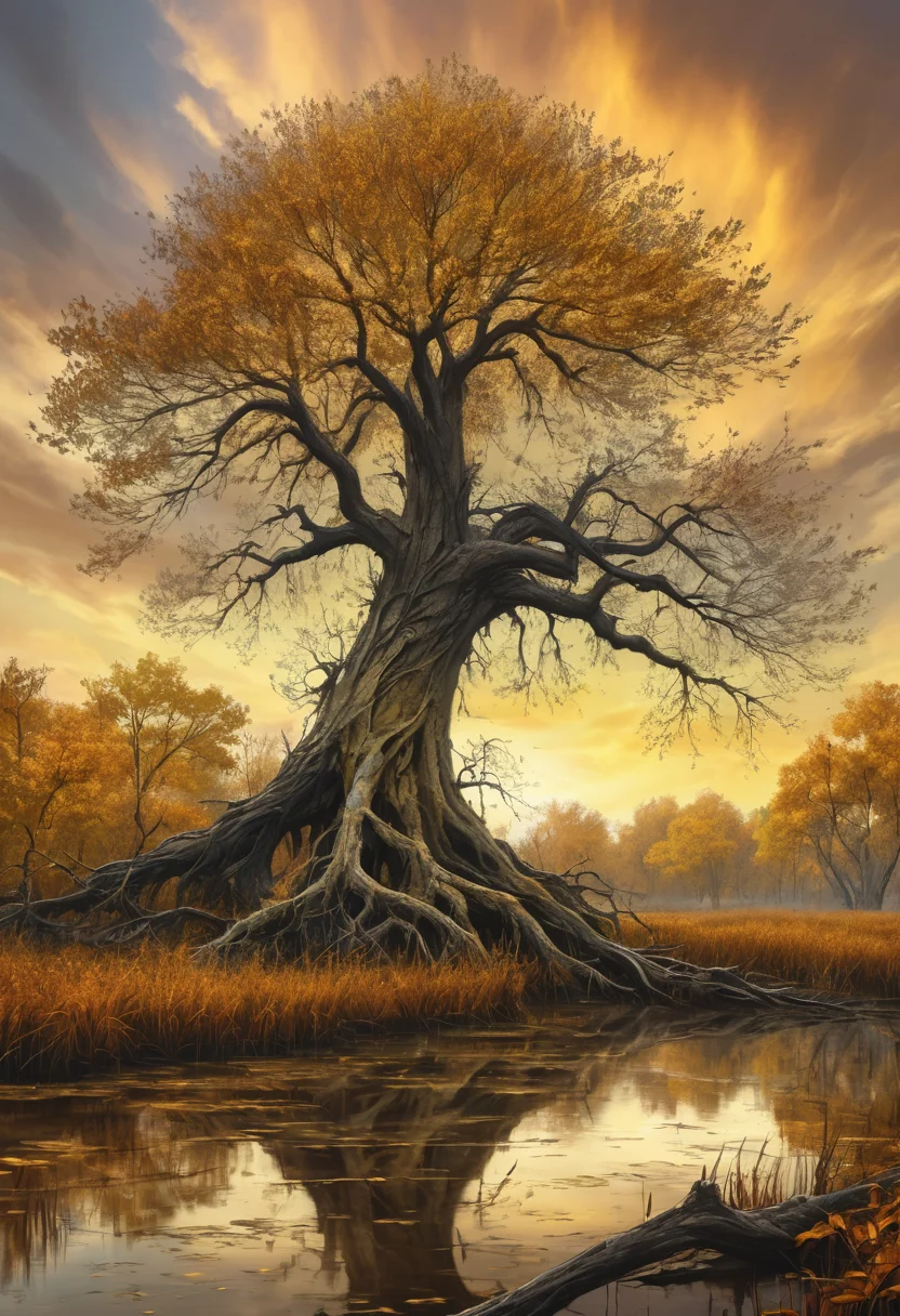 a tree in a swamp, a tree shedding its leaves in a cascade of gold, <lora:Artfully_TREES2-000003:0.6>, accentuated by sharp outlines, autumn tones, set against a vibrant sky, sketch of an old tree, delving into the unknown, muted colors masterpiece, detailed, best quality, absurd resolution uhd, 8k,
