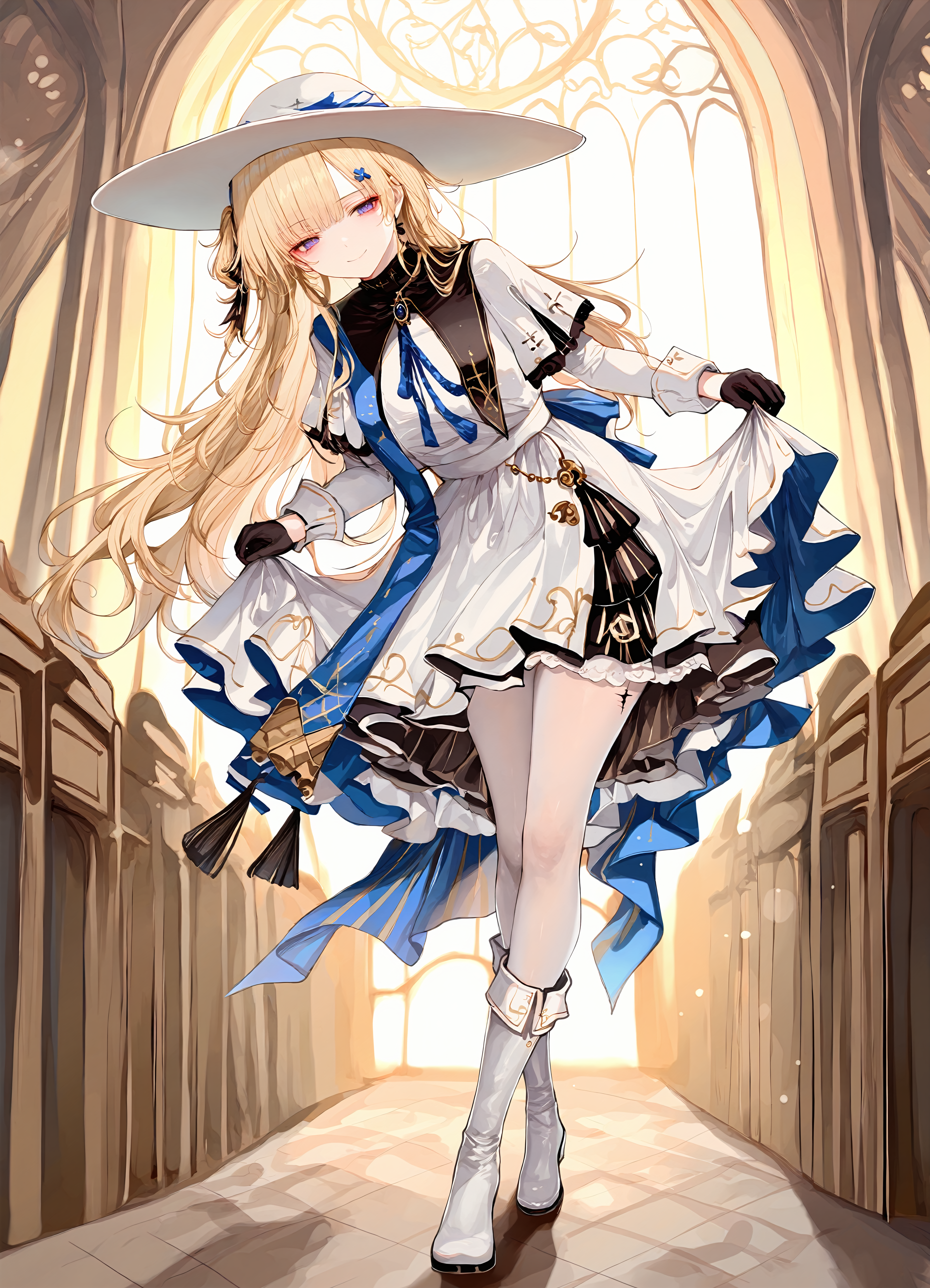 (masterpiece,best quality), hito komoru, (sheya:0.8), icomochi, momoko \(momopoco\), dim lighting, backlighting, 1girl, phoebe, white hat, black gloves, leg tattoo, white pantyhose, white boots, curtsey, smile, church, indoors, full body, leaning forward, <lora:phoebe-wwIL-v1:0.9>